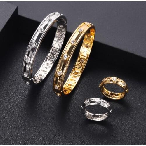 Janekelly Luxury 2PCS Dubai Bangle Ring Set Fashion Jewelry Sets For Women Wedding Engagement brincos para as mulheres 2020