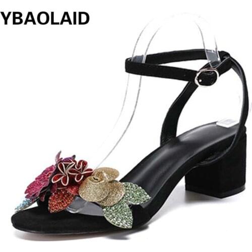 Fish Mouth Color Diamond Flower Thick Heel Sandals 2021 New Fashion Solid Color One Word Buckle Mid-heel Women Sandals