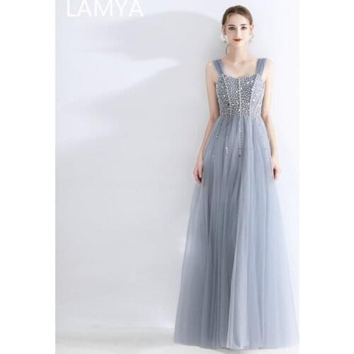 LAMYA Sexy Evening Gowns for Women Fashion Crystal Beading Tulle Prom Dress Floor Length Evening Dress Vestido Longo Festa