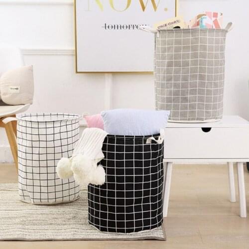 Foldable Cotton Linen Plaid Dirty Clothes Storage Bag Round Laundry Basket Hamper Washing Stand Bin Home Household Organizer