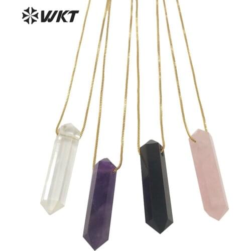 WT-N1306 Amazing WKT Double point Spirit quartz stone necklace simple elegant design bullet shape adjustable box chain necklace