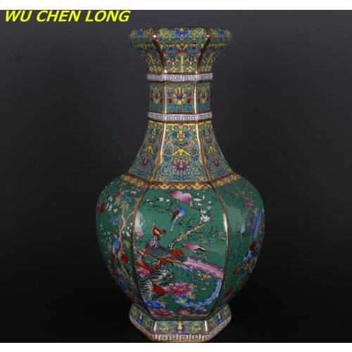 WU CHEN LONG Luxury Chinese Classic Antique Ceramic Enamel Flower Vases Living Room Decor Green Vase Craft Home Decoration R5758