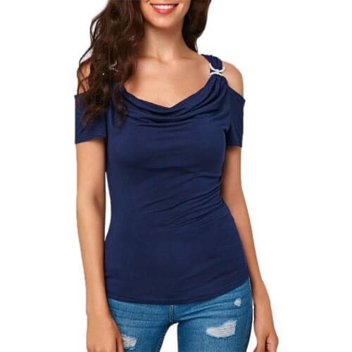 Women Casual Cold Shoulder Tshirt Draped Collar Solid Color Shirt Fashion Short Sleeve Top T-shirt Poleras Mujer #P3