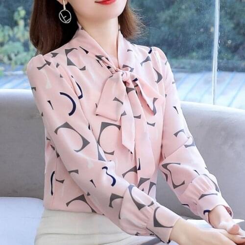 Womens Spring Autumn Style Chiffon Blouses Shirt Womens Bow V-Neck Print Casual Loose Tops DD9056