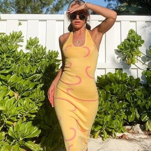 Women Y2K Knitted Halter Neck Dresses E Girl Fashion Print Sexy Sleeveless Backless Skirt Summer Beach Bodycon Slim Midi Dress