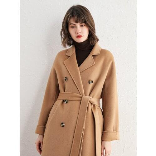 High end camel double breasted double-sided tweed cashmere coat womens medium length 100% pure wool tweed coat winter