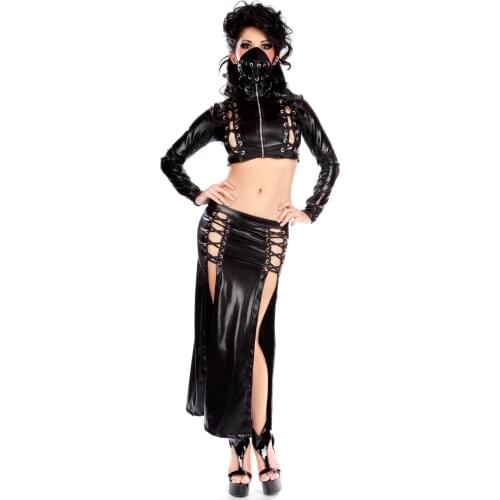 Sexy Club Dress Wet Look Dresses Black Zipper Long Sleeve Top With Long Split Dress 2 Pcs Set Ladies Night Vinyl Party Clubwear