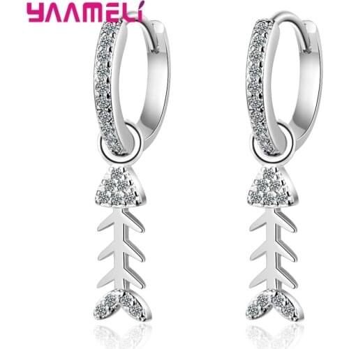 925 Sterling Silver Prevent Allergy Trendy Dangle Earrings for Women Wedding Couple Creative Fishbone CZ Crystal Jewelry