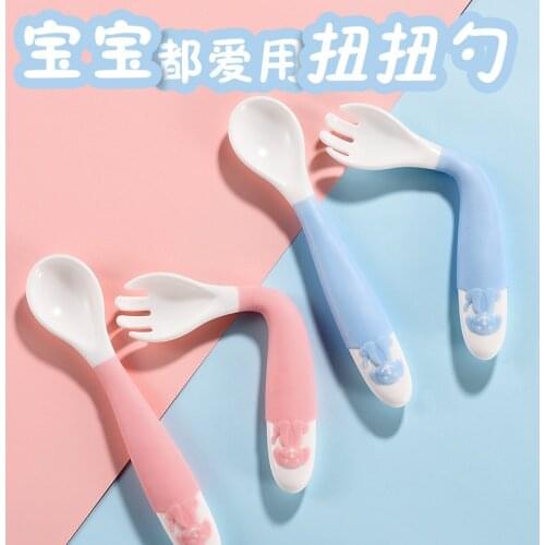 2Pcs Bendable Baby Spoon Fork Set Toddler Infant Learning Tableware Flatware Utensils Kids Cutlery Eat Spoon Flexible Spoons 0-3