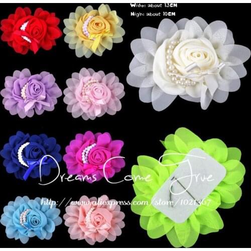 200pcs/lot 14Colors Newborn Handmade Tulle Chiffon Flower Accessories With Pearl Crochet Soft Fabric Flowers For Baby Headbands