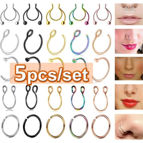 5Pcs Stainless Steel Lip Nose Clips Ear Stud Nose Lip Ring Hoop Rings Nose Piercing Ring Stud Earrings Body Jewelry Wholesale