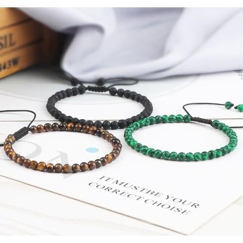 4mm Stone Beads Adjustable Bracelet For Men Natural Tiger Eye Lava Chalcedony Onyx Woven Bracelets Women Yoga Jewelry Pulseras