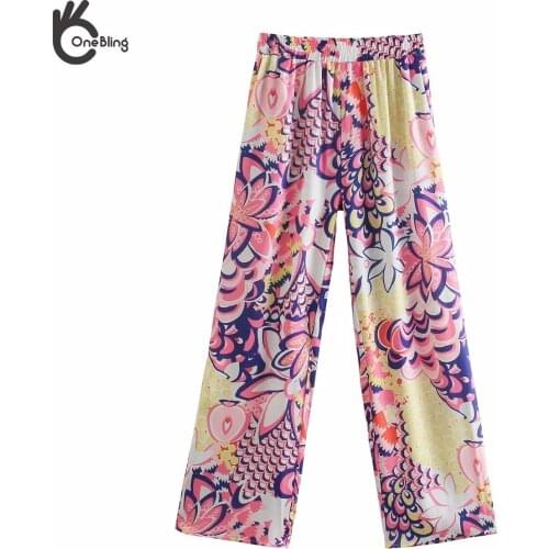 OneBling Za Fashion Print Casual Holiday Beach Women Loose Long Pants Summer Elastic High Waist Female Straight Pants Pantalon