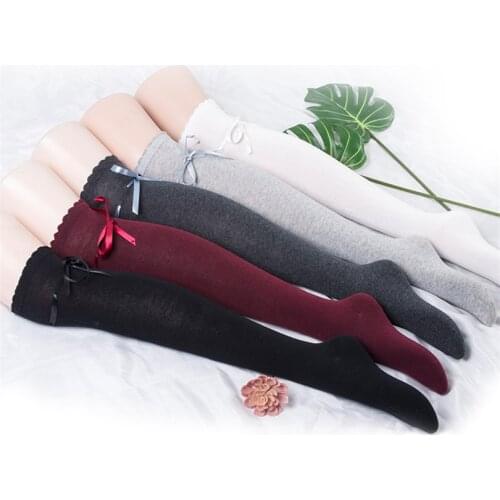 CUHAKCI Over the Knee Socks Long Cotton Stockings Women Bowknot Warm Thigh High Elastic Sexy