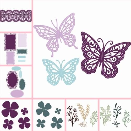 Butterfly Lace Flower Leave Leaves Branch Hollowed Layered Square Round Frame Metal Cutting Dies Scrapbook Cards Handcraft Paper