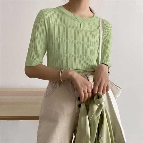 Korean Fashion White Knitted T Shirt Women Summer 2021 Office Lady O-Neck Striped Short Sleeve Thin Top Femme