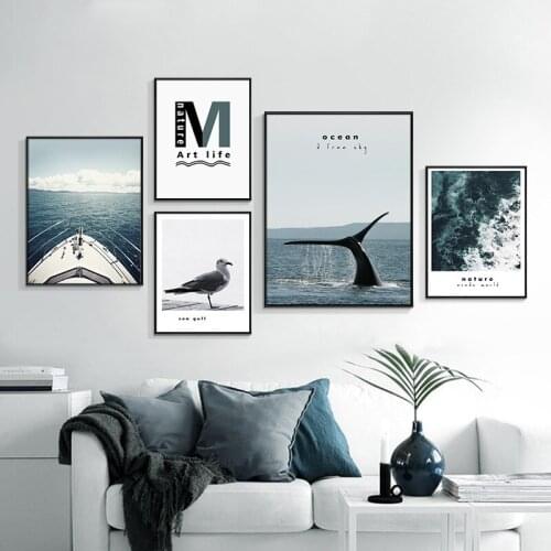 Seaside Landscape Boat And Whale Animal Bird Abstract Letter Canvas Painting Sofa Wall Picture Poster Living Room Decoration