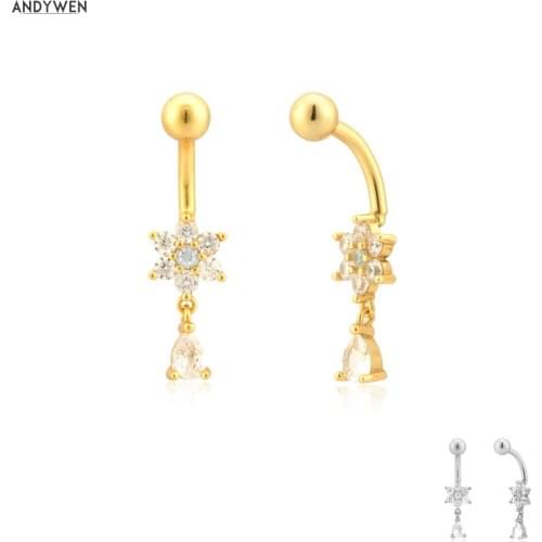 ANDYWEN 925 Sterling Silver 1PCS Sexy Belly Bars Belly Button Rings Belly Piercing CZ Crystal Flower Body Jewelry Fine Navel P