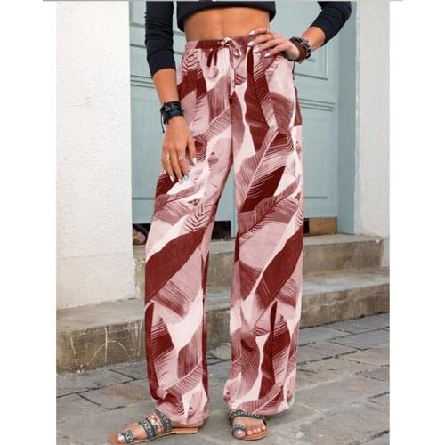 Popular Leaf Printing Elastic High Waist Wide Leg Pants Casual Loose Long Trousers All-Match Straight Pants Womens Clothing