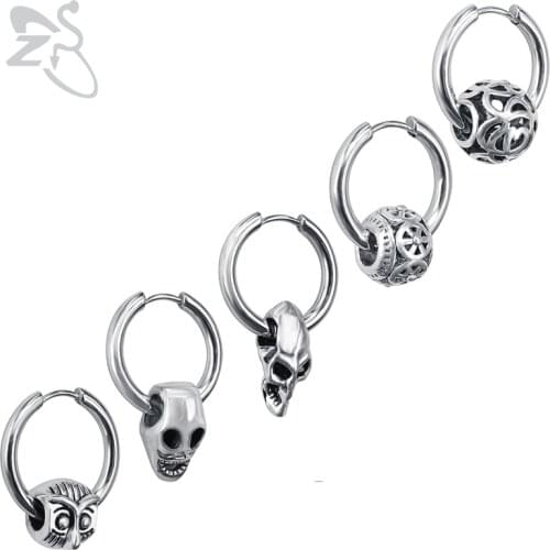 ZS 5 Style Punk Hoop Earrings Skull Owl Shape Mens Stainless Steel Jewelry 1 Pair Hip Hop Earring Rock Roll Biker Accessories