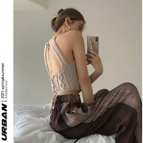 Knitted Halter vest womens stripe high waist straight wide leg pants vertical floor pants fashion two piece set
