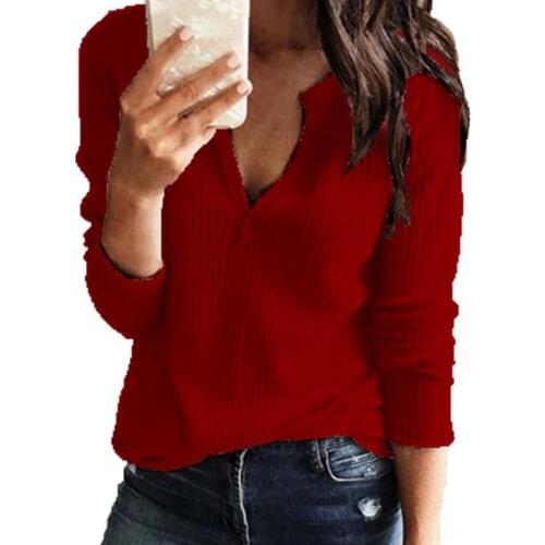 2021 New Autumn Women Tops Basic T-shirt Waffle V Neck Spring Autumn Solid Color Long Sleeve T-shirt Streetwear