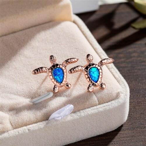 Rose Gold Silver Color Stud Earrings Trendy Blue White Opal Animal Earrings Boho Female Cute Sea Turtle Small Earrings For Women