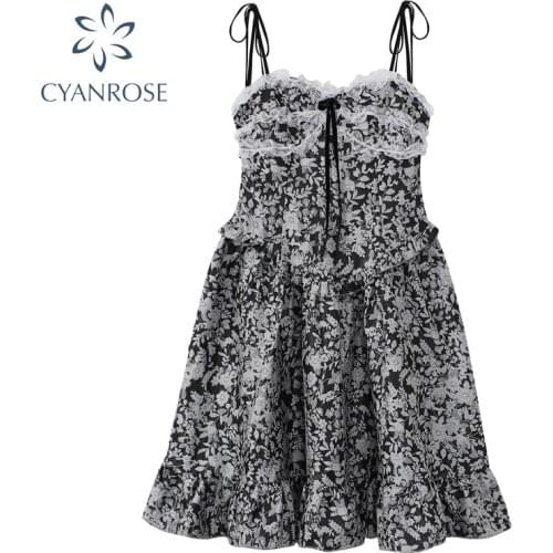 2021 Summer New Womens Lace Print Elegant Dress Women Sleeveless Spaghetti Strap Dresses Korean Sweet Mori Girl Ins Vestidos