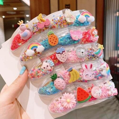 10pcs Cute Fruit quicksand Snap BB Clips Girls Colorful Rainbow Animal Hairpins Kids Hair Grip Side Barrettes School Headwear