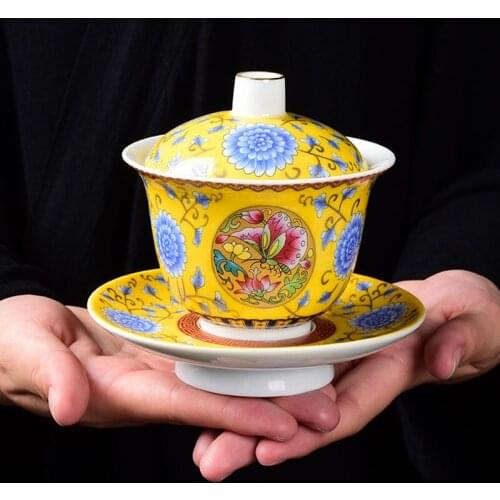 200ml Colorful Enamel Gaiwan Chinese Teaware Sancai Tea Bowl Service Tea Cup and Saucer Set Teacup Jingdezhen Porcelain Tureen
