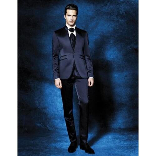 2021 New Arrival Groomsmen Mandarin Lapel Groom Tuxedos Navy Blue Men Suits Wedding Best Man (Jacket+Pants)