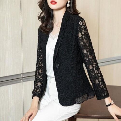 Women 2021 Fashion Office Wear Single Button Blazer Coat Casual Three Quarter Sleeve Lace Patchwork Female Outerwear Tops