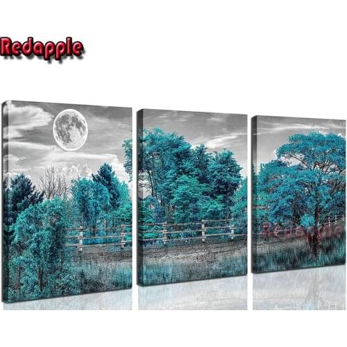 Diamond Painting blue tree Picture Of Rhinestone Cross Stitch Set Diamond Embroidery color forest moon Mosaic 3 pcs Wall Decor