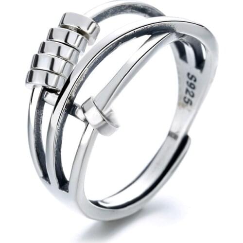 Anti Anxiety Fidget Spinner Ring with Beads- Adjustable Gift for Men Women Stress Relieving Geometric Circle Cross Jewelry LK3F