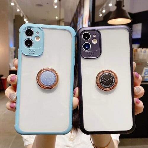 Candy Color Transparent Anti-Drop Phone Case, Suitable For iPhone 12 11 Pro SE Xs Max 8 7 Plus With Clock Ring Holder Back Cover