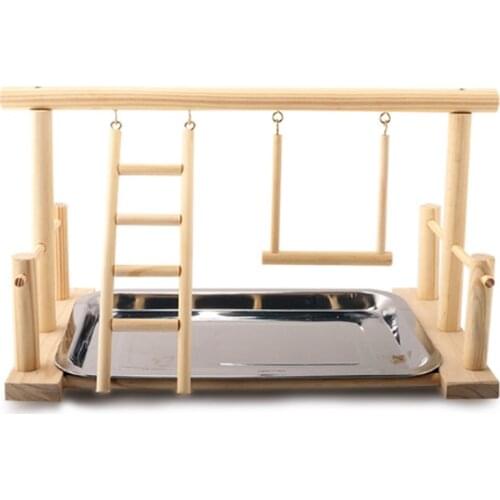 Wood Play Stand and Stainless Steel Tray Pet Bird Frame Station Parrots Playground Perch Gym Training Stand Bird Comfortable Toy