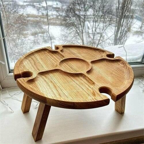 Wooden Outdoor Folding Picnic Table With Glass Holder Round Foldable Desk Wine Glass Rack Collapsible Table xqmg Outdoor Table