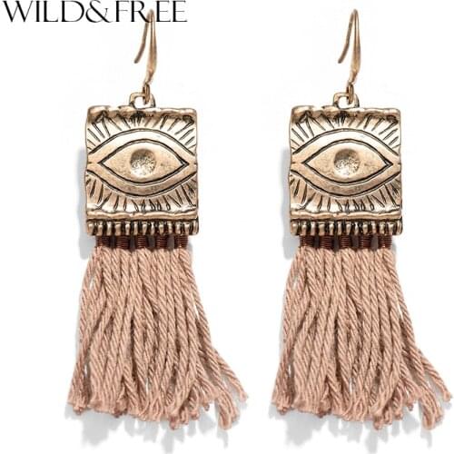 Ethnic Bohemian Cotton Tassel Earring Jewelry For Women Vintage Alloy Gold Pattern Geometric Statement Dangle Earrings