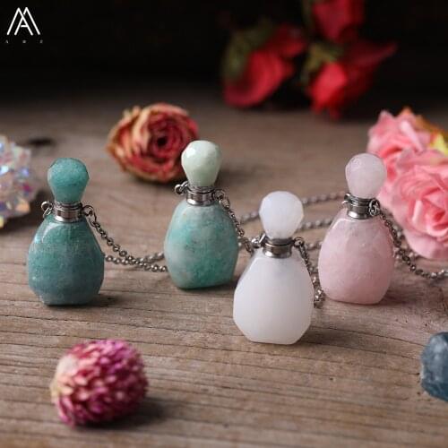 Classic Women Silvery Gold Crystal Perfume Bottle Pendant Necklace,Natural White Malaysia Jades Essential Oil Jewelry For Women