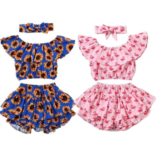 2020-01-11 Lioraitiin 3Pcs Set 1-6Years Toddler Baby Girl Flamingo Sunflower Sunsuit Ruffle Tops Layered Pants Headband