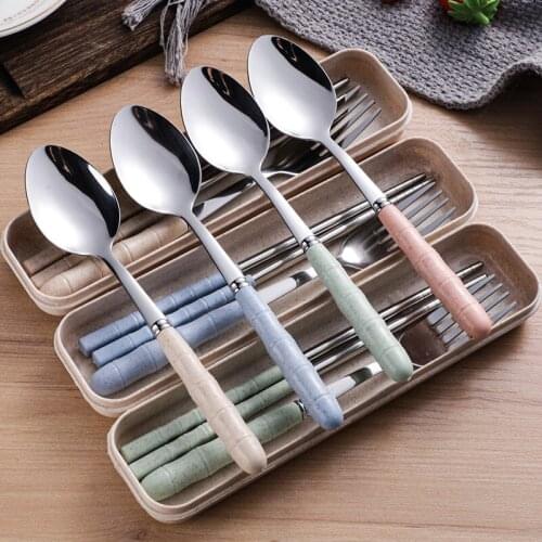 Portable Tableware Set Wheat Straw Stainless Steel Japanese-style Fork Spoon Chopsticks Three-piece Student Tableware Gift