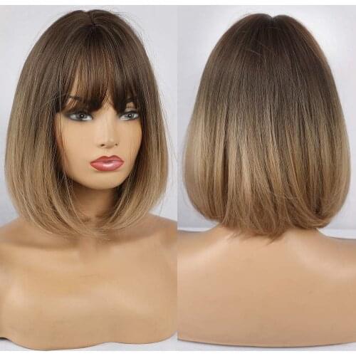 Short BoBo Silky Straight Wig with Bangs Ombre Brown Blonde Synthetic Wigs for Women Daily Party Cosplay Heat Resistant Fiber