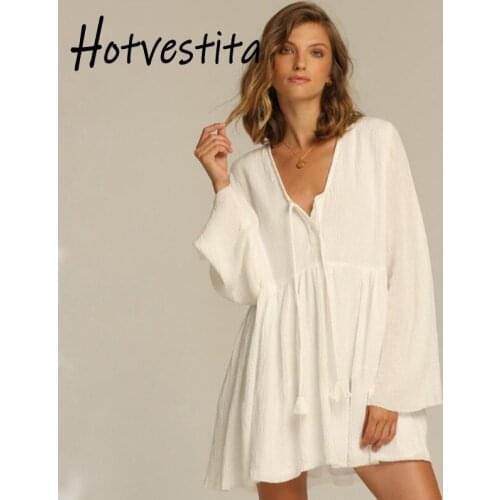 Hotvestita White Beach Mini Dress Summer Folds Loose Swim Suit Cover Up Tassels Women Bikini Smock Long Sleeve Sunscreen Kaftan