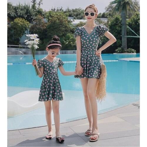 New Korean Swimsuit Mother-Daughter One Piece Skirt Style Girls Cute Swimwear Beach Dress M-XXL