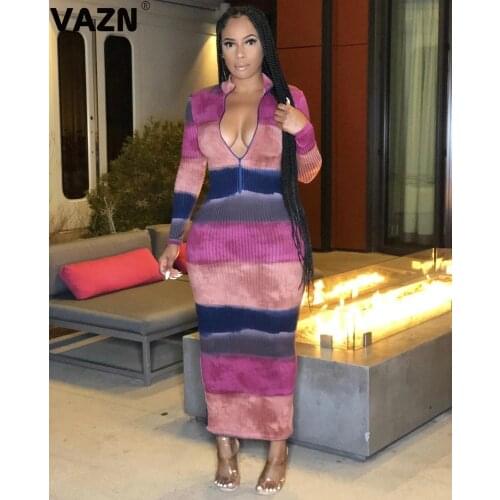 VAZN 2020 Autumn New Arrival High Quality Young Sexy Daily Sweet Soft Elastic Full Sleeve Women High Waist Thin Maxi Dress