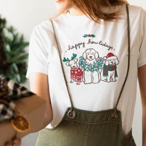 HAPPY HOWLIDAYS Colored Graphic Printed New Arrival Funny Casual 100%Cotton T-shirt Cute Pet Lover Christmas Holiday Gift Shirts