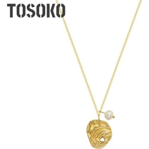 TOSOKO Stainless Steel Jewelry Abstract Art Irregular Pendant Freshwater Pearl Necklace Female Elegant Sexy Clavicle Chain P912