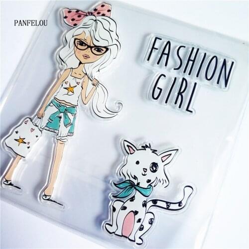 PANFELOU Walk the dog girl Transparent Silicone Rubber Clear Stamps cartoon for Scrapbooking/DIY Easter wedding album