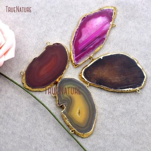 Approx 60 mm Pure Gold Color Free Form Pendant Natural Lace Agates Double Connectors Pendant Color Random Charm PM8897
