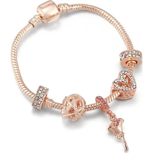 Silver Plated Rose Dangles Charms Bracelets Luxury Hollow Love Heart Beads Bracelets Bangles For Women Lover Romantic Jewelry